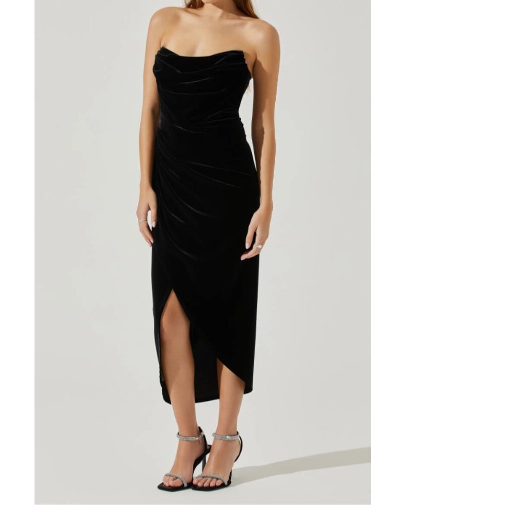 NEW ASTR Meghan Ruched Strapless Velvet Midi Dress Black Size Small - Picture 2 of 16